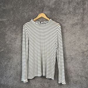 Kaileigh Shirt Womens Large Ruffle Neck White Black Stripe Long Sleeve Knit Top